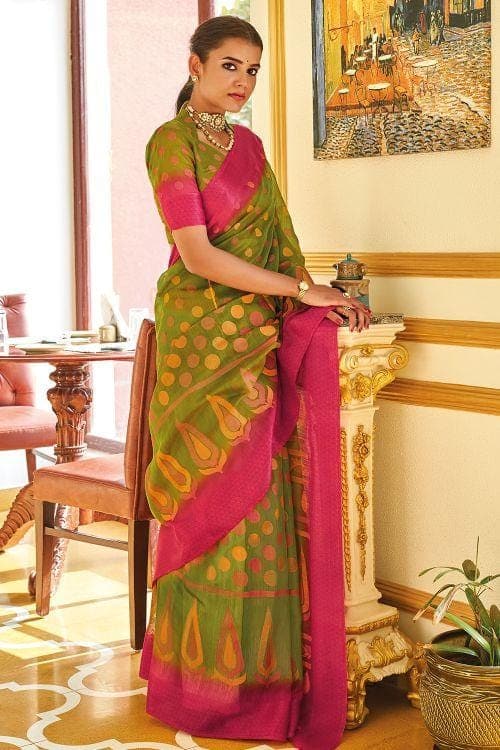 Olive Green Brasso Cotton Saree