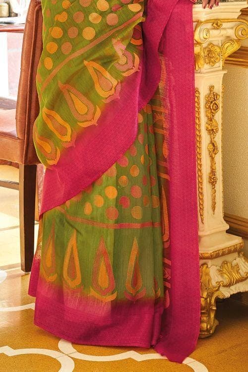 Olive Green Brasso Cotton Saree