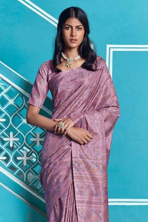 Orchid Purple Cotton Saree With Lucknowi Prints