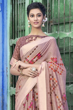 Oyster Pink Printed Cotton Saree