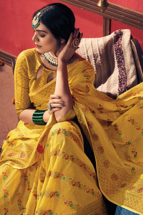 cotton saree blouse design, yellow saree