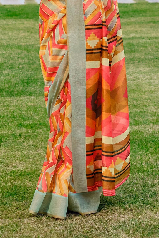 Red Multicolour Printed Cotton Saree