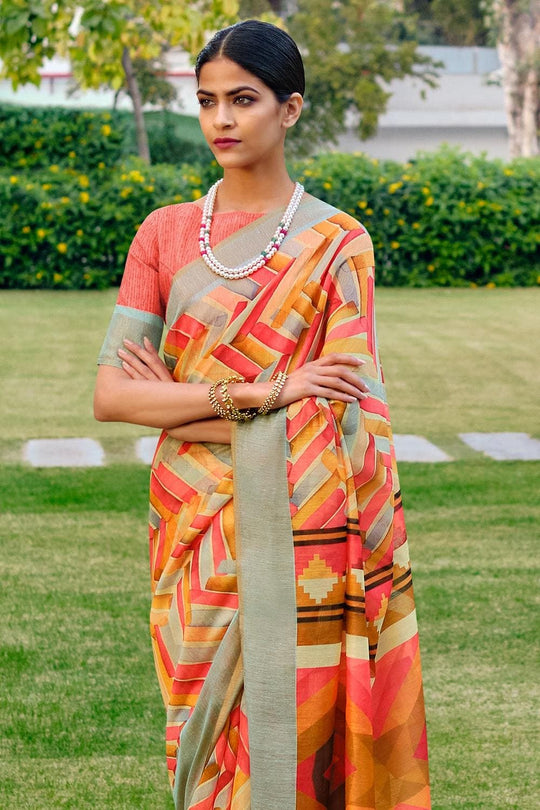 Red Multicolour Printed Cotton Saree