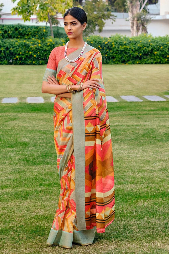 Red Multicolour Printed Cotton Saree