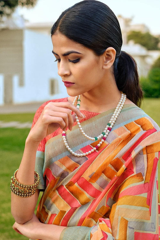 Red Multicolour Printed Cotton Saree