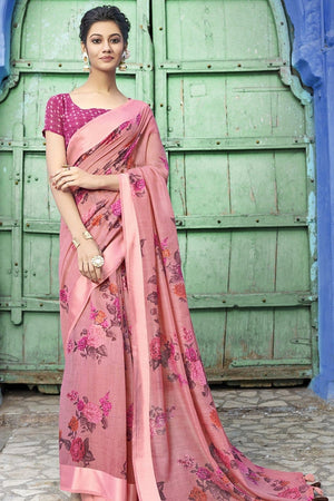 Rose Pink Printed Cotton Saree