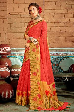 Rose Red Cotton Saree