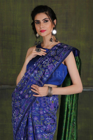 Royal Blue Madhubani Printed Cotton Saree