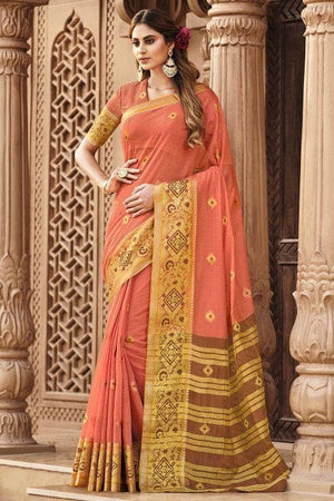 Salmon Peach Cotton Saree