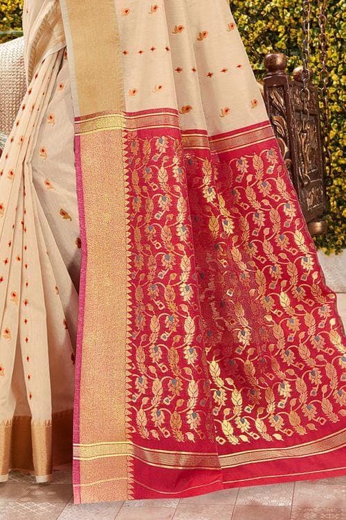 white and red zari butta saree