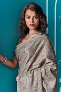 Silver Grey Cotton Saree With Lucknowi Prints
