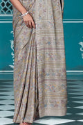 Silver Grey Cotton Saree With Lucknowi Prints
