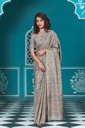 Cotton Saree Silver Grey Cotton Saree With Lucknowi Prints saree online