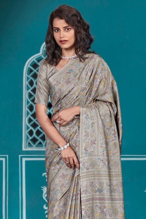 Silver Grey Cotton Saree With Lucknowi Prints