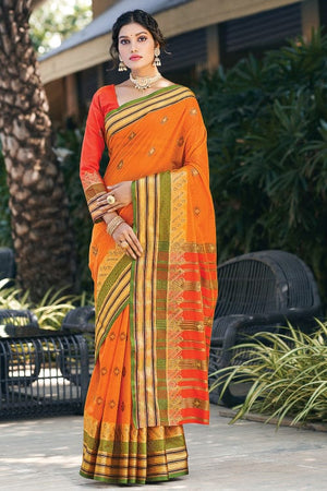 Tangerine Orange Cotton Saree