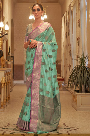 Turquoise Blue Cotton Saree