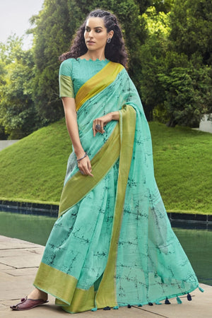 Turquoise Blue Cotton Saree