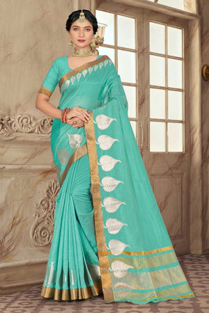 Turquoise Blue Cotton Saree