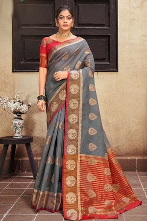 Dark Grey Cotton Silk Saree