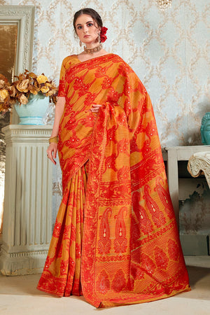 Orange Cotton Silk Saree