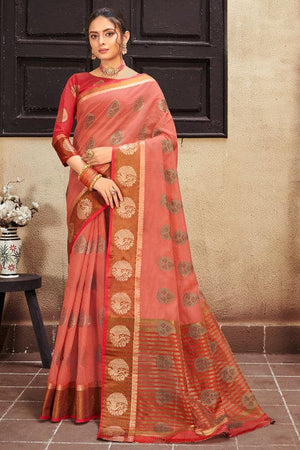 Peach Cotton Silk Saree