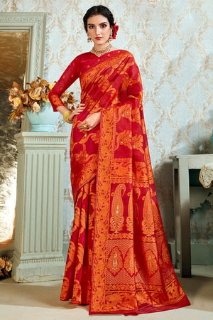 Vivid Red Cotton Silk Saree