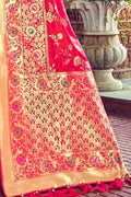 Amaranth red woven designer banarasi saree with embroidered silk blouse - Wedding sutra collection - Buy online on Karagiri - Free shipping to USA