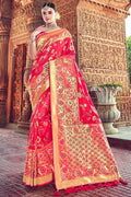 Amaranth red woven designer banarasi saree with embroidered silk blouse - Wedding sutra collection - Buy online on Karagiri - Free shipping to USA