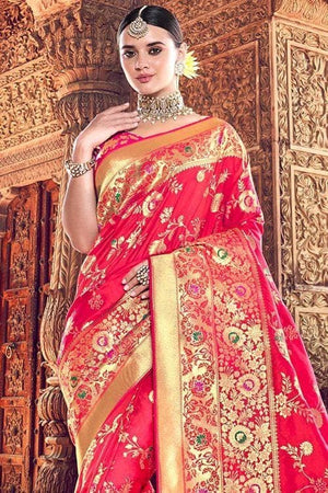 Amaranth Red Woven Designer Banarasi Saree With Embroidered Silk Blouse