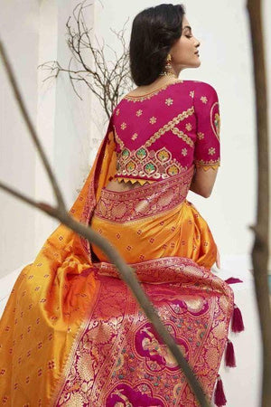 Beautiful Apricot Orange Designer Banarasi Saree