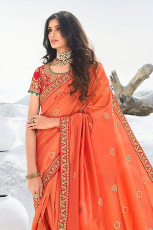 Beautiful Coral Orange Zari Woven Designer Banarasi Saree