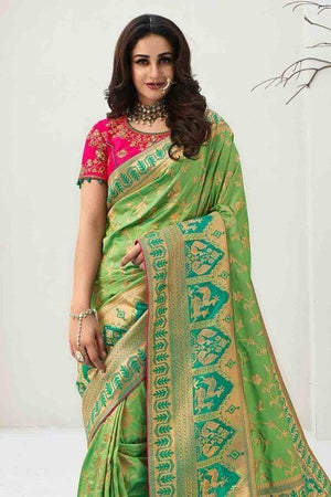 Beautiful Emerald Green Designer Banarasi Saree