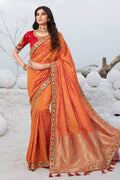 Designer Banarasi Saree Beautiful Goldfish Orange Zari Woven Designer Banarasi Saree saree online