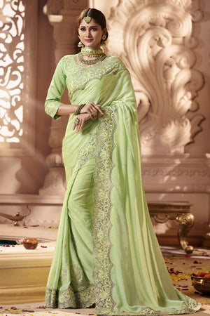Beautiful Mint Green Designer Banarasi Saree