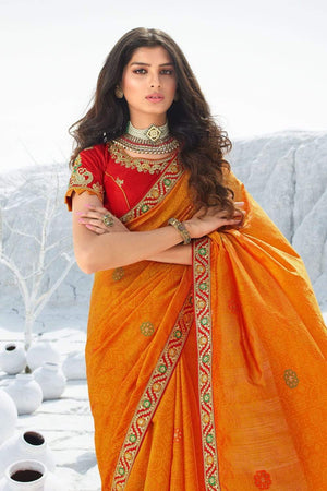 Beautiful Ochre Orange Zari Woven Designer Banarasi Saree