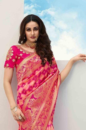 Beautiful Punch Pink Designer Banarasi Saree