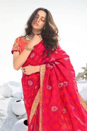 Beautiful Raspberry Red Zari Woven Designer Banarasi Saree