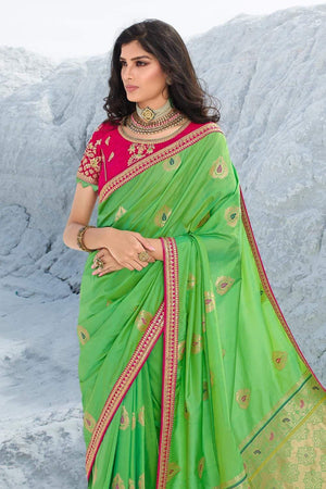 Beautiful Spring Green Zari Woven Designer Banarasi Saree