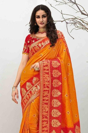Beautiful Tangerine Orange Designer Banarasi Saree