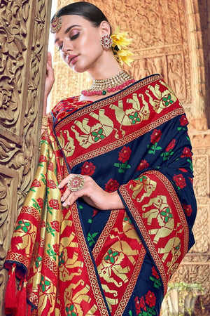 Berry Blue Woven Designer Banarasi Saree With Embroidered Silk Blouse