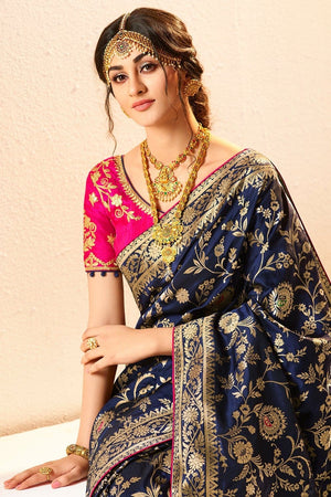Bridal Navy Blue Woven Designer Banarasi Saree With Embroidered Silk Blouse - Wedding Wardrobe Collection