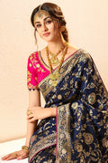 Bridal navy blue woven designer banarasi saree with embroidered silk blouse - Wedding sutra collection - Buy online on Karagiri - Free shipping to USA