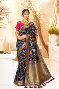 Bridal navy blue woven designer banarasi saree with embroidered silk blouse - Wedding sutra collection - Buy online on Karagiri - Free shipping to USA
