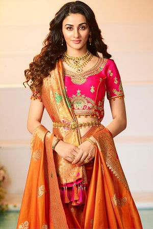 Bright Orange Woven Designer Banarasi Saree With Embroidered Silk Blouse - Wedding Wardrobe Collection