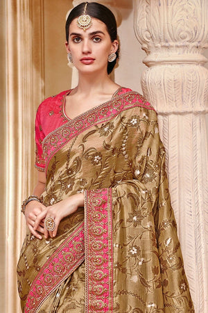 Bright Peanut Brown Woven Designer Banarasi Saree With Embroidered Silk Blouse