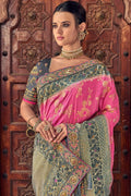 Bubble gum pink woven designer banarasi saree with embroidered silk blouse - Wedding sutra collection - Buy online on Karagiri - Free shipping to USA