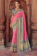 Bubble gum pink woven designer banarasi saree with embroidered silk blouse - Wedding sutra collection - Buy online on Karagiri - Free shipping to USA
