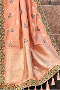 Cantaloupe orange,grey woven designer banarasi saree with embroidered silk blouse - Wedding sutra collection - Buy online on Karagiri - Free shipping to USA