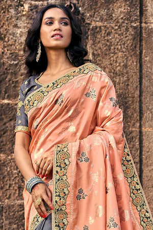 Cantaloupe Orange,Grey Woven Designer Banarasi Saree With Embroidered Silk Blouse