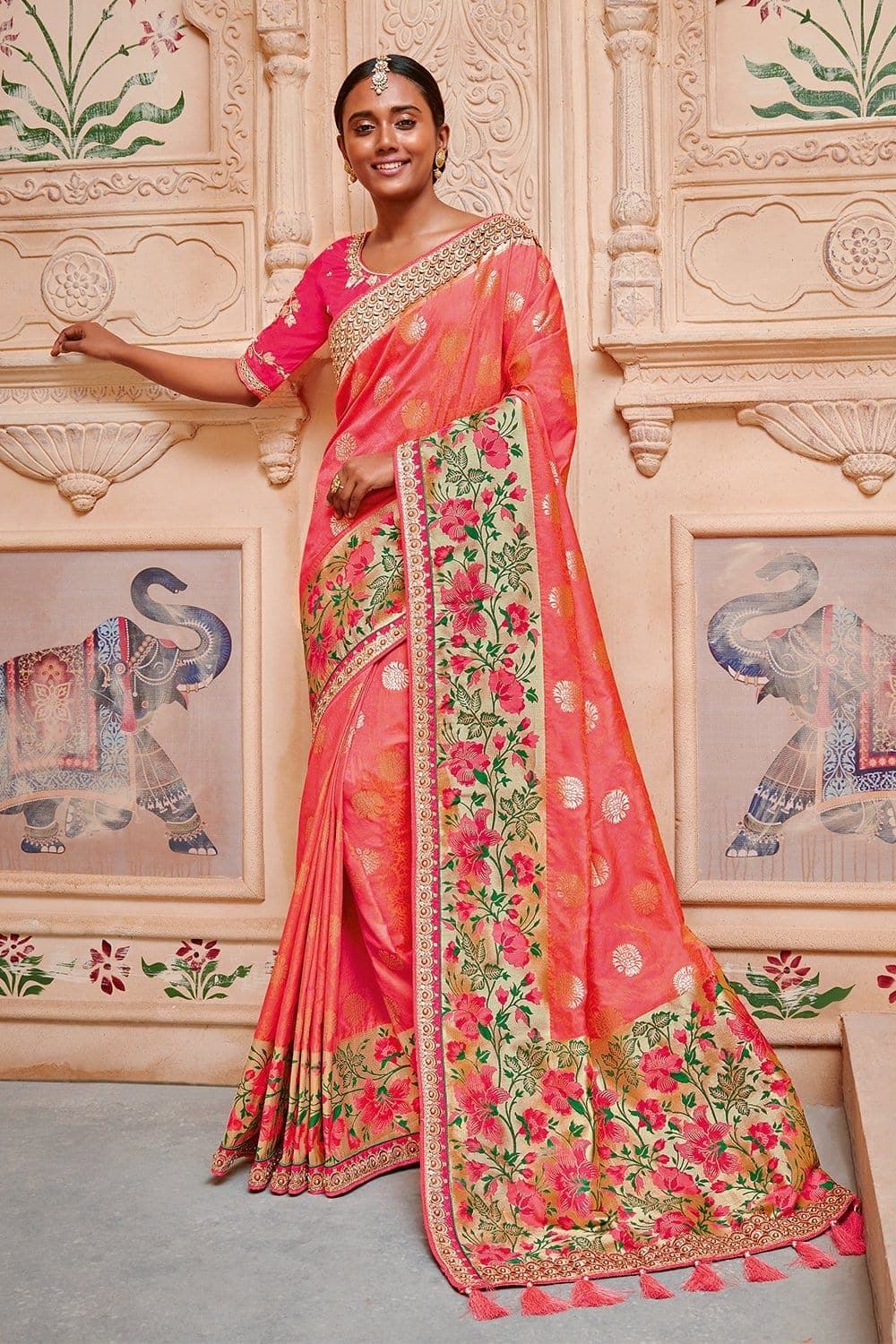 Designer Banarasi Saree Coral Pink Woven Designer Banarasi Saree With Embroidered Silk Blouse - Wedding Sutra Collection saree online